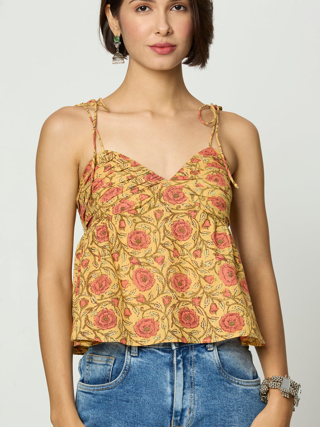 Mustard Yellow Floral Printed Back Smocking Tie Up Top