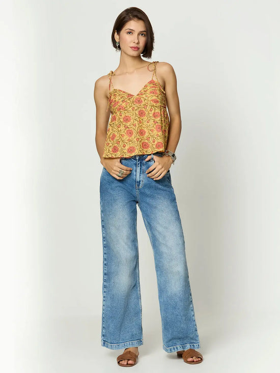 Mustard Yellow Floral Printed Back Smocking Tie Up Top Desi Core