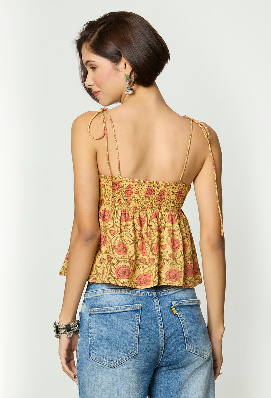 Mustard Yellow Floral Printed Back Smocking Tie Up Top