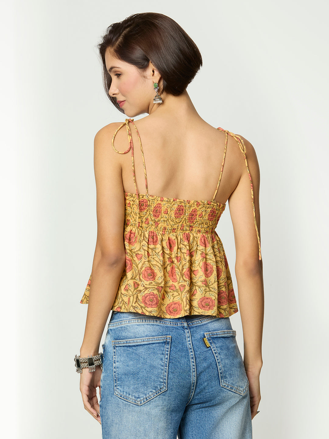 Mustard Yellow Floral Printed Back Smocking Tie Up Top