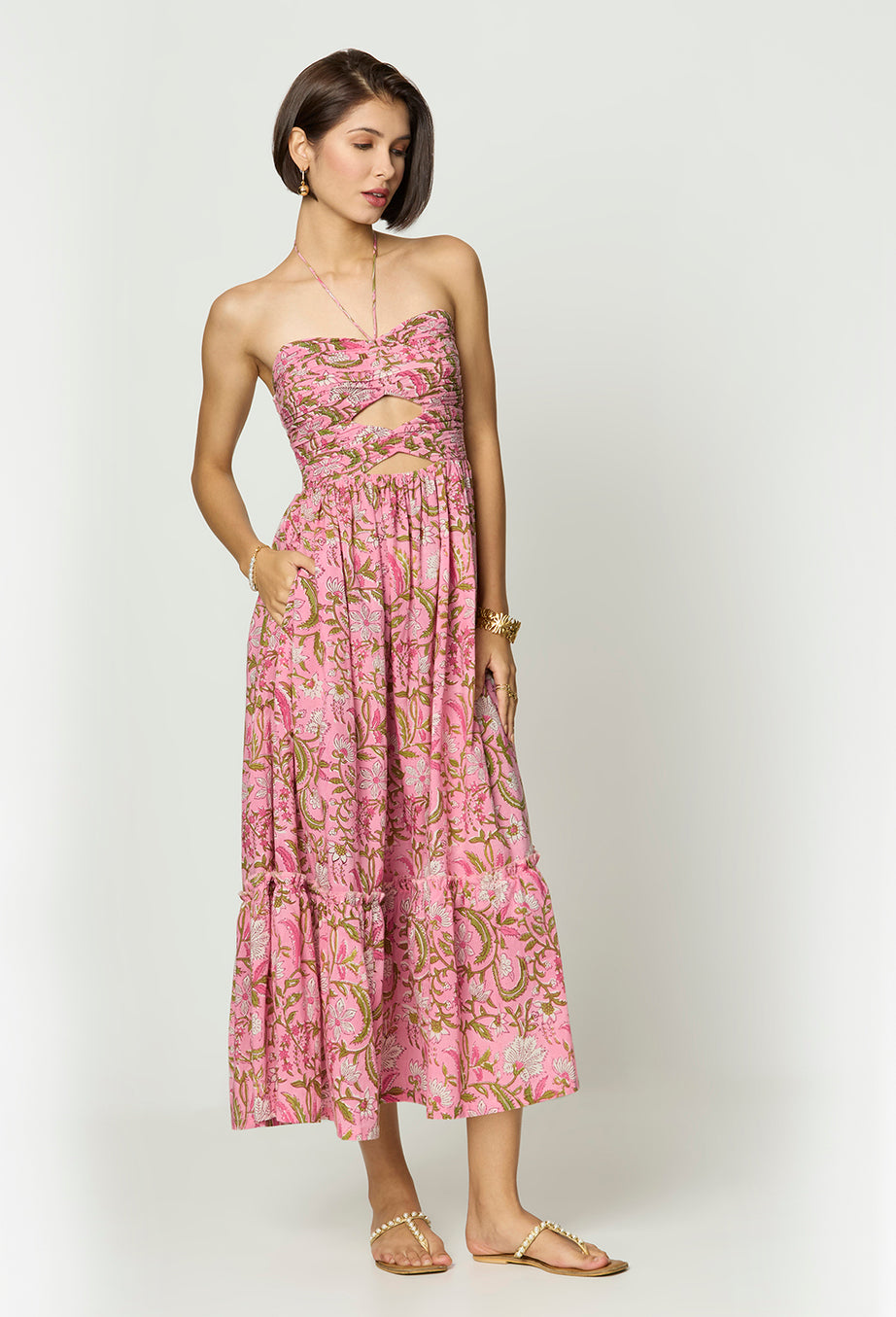 Pink and Green Floral Printed Maxi Dress with Front Cut-Outs
