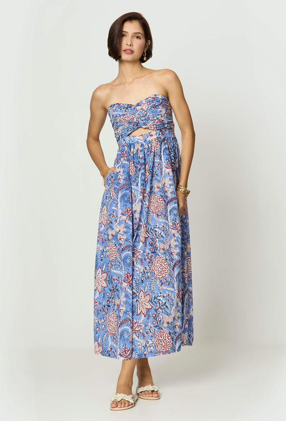 Blue and Red Floral Printed Maxi  Cotton Tube Dress with Pocket