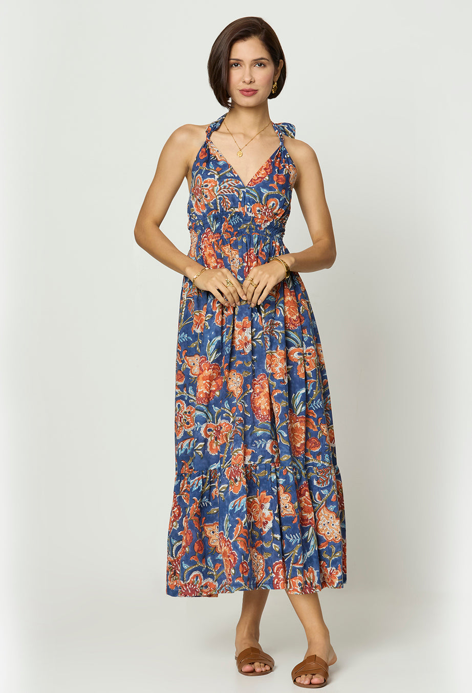 Blue and Orange Floral Printed Dress