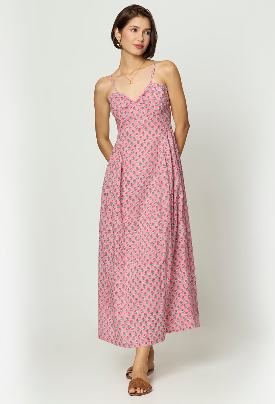 Pink Floral Side-Gathered Maxi Dress with Spaghetti Straps