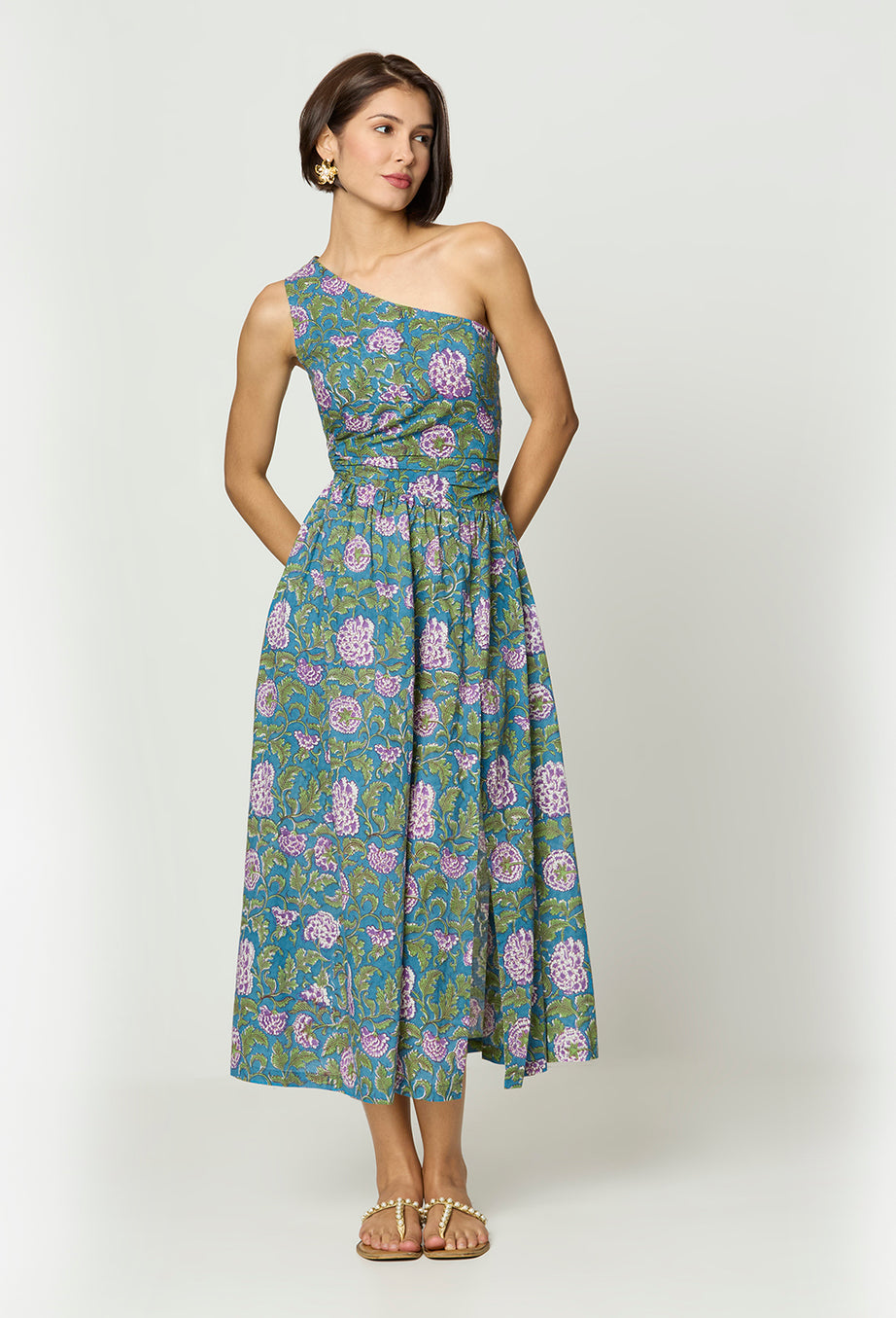Blue and Green Floral One-Shoulder Dress