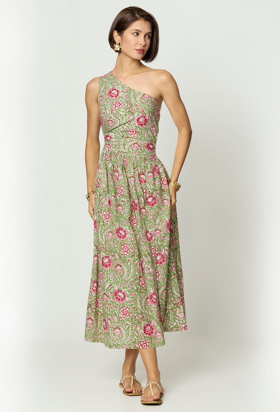 Asymmetrical Green Floral Printed Dress