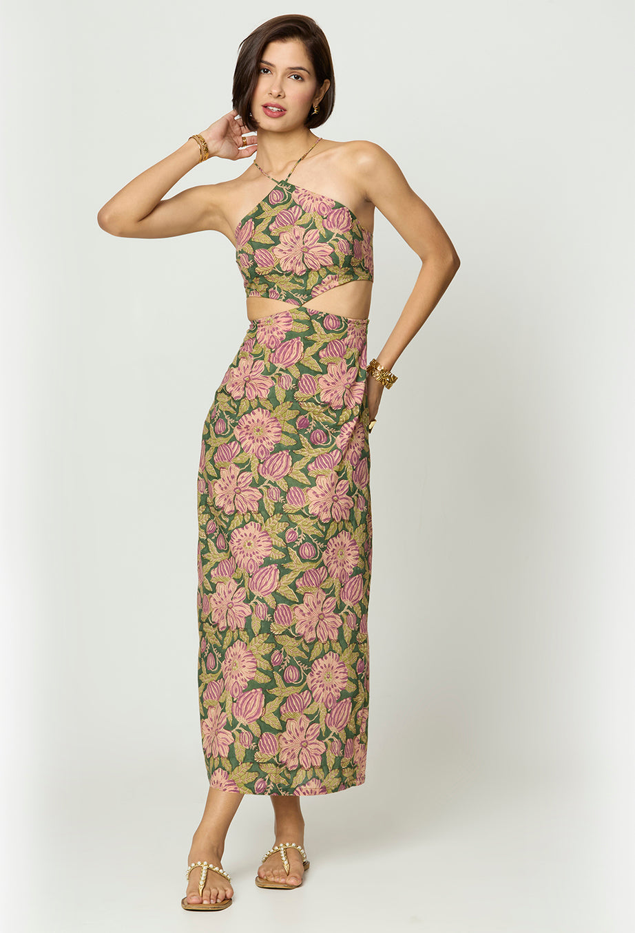 Olive Green and Purple Floral Printed Maxi Dress