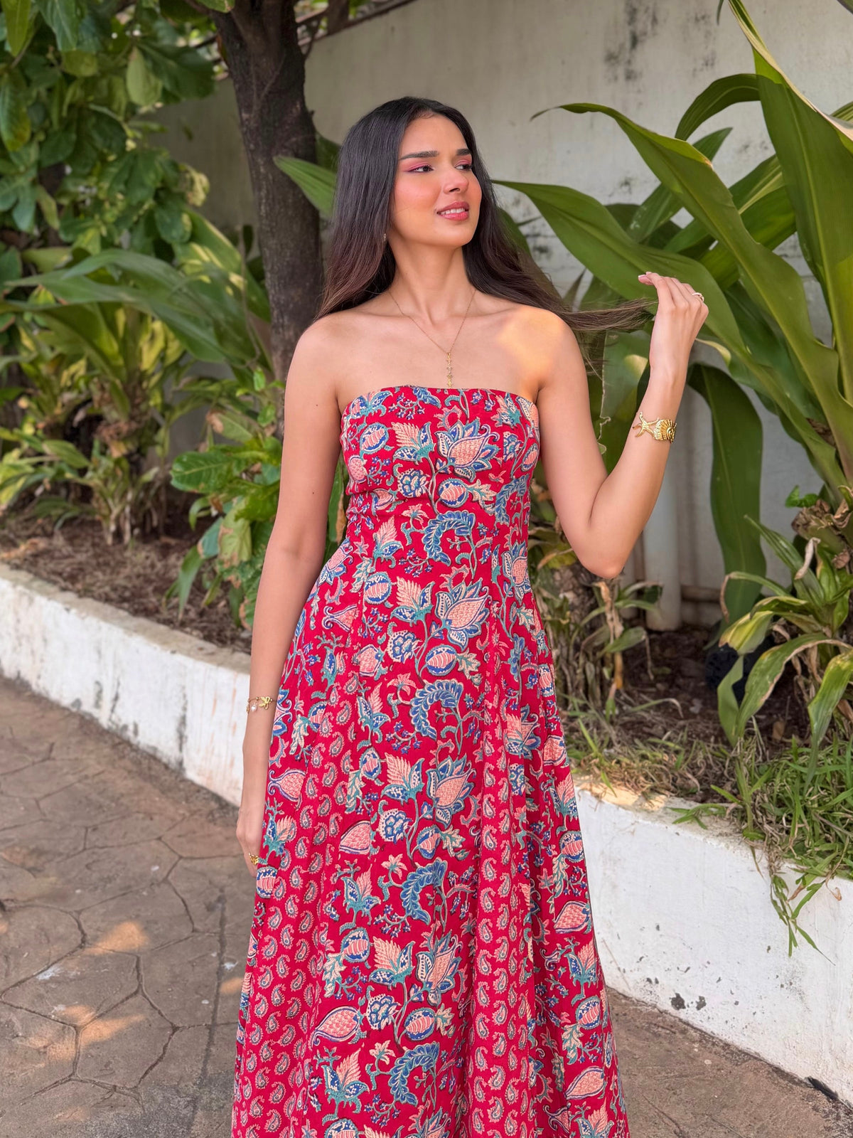 Red Paisley Floral Cotton Tube Midi Dress with Detachable Puff Sleeves
