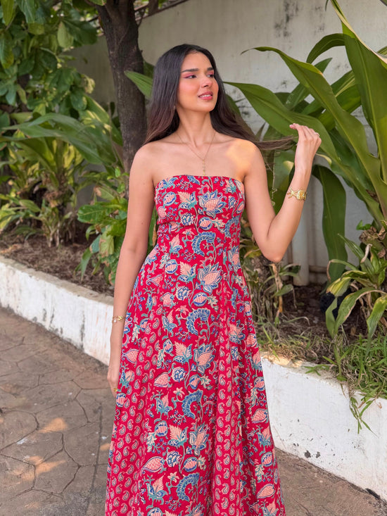Red Paisley Floral Cotton Tube Midi Dress with Detachable Puff Sleeves