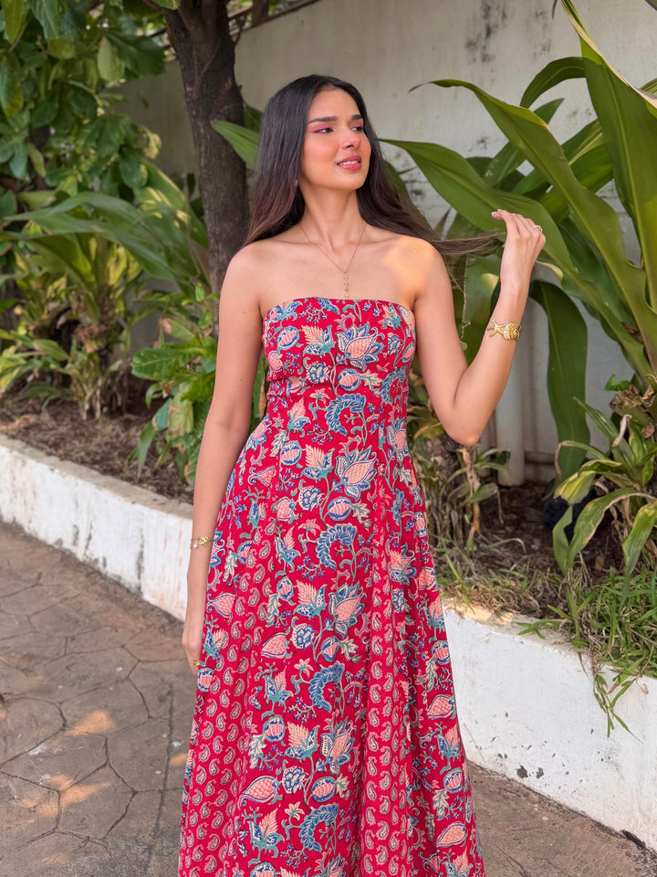 Red Paisley Floral Cotton Tube Midi Dress with Detachable Puff Sleeves