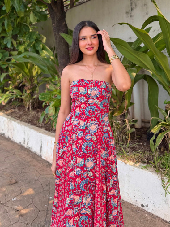 Red Paisley Floral Cotton Tube Midi Dress with Detachable Puff Sleeves