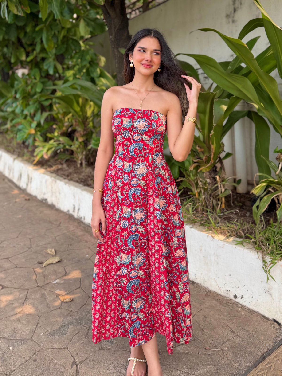 Red Paisley Floral Cotton Tube Midi Dress with Detachable Puff Sleeves