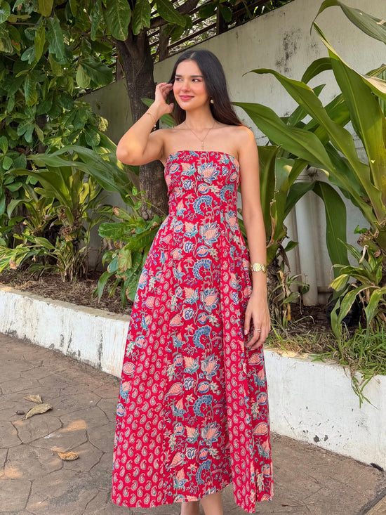 Red Paisley Floral Cotton Tube Midi Dress with Detachable Puff Sleeves