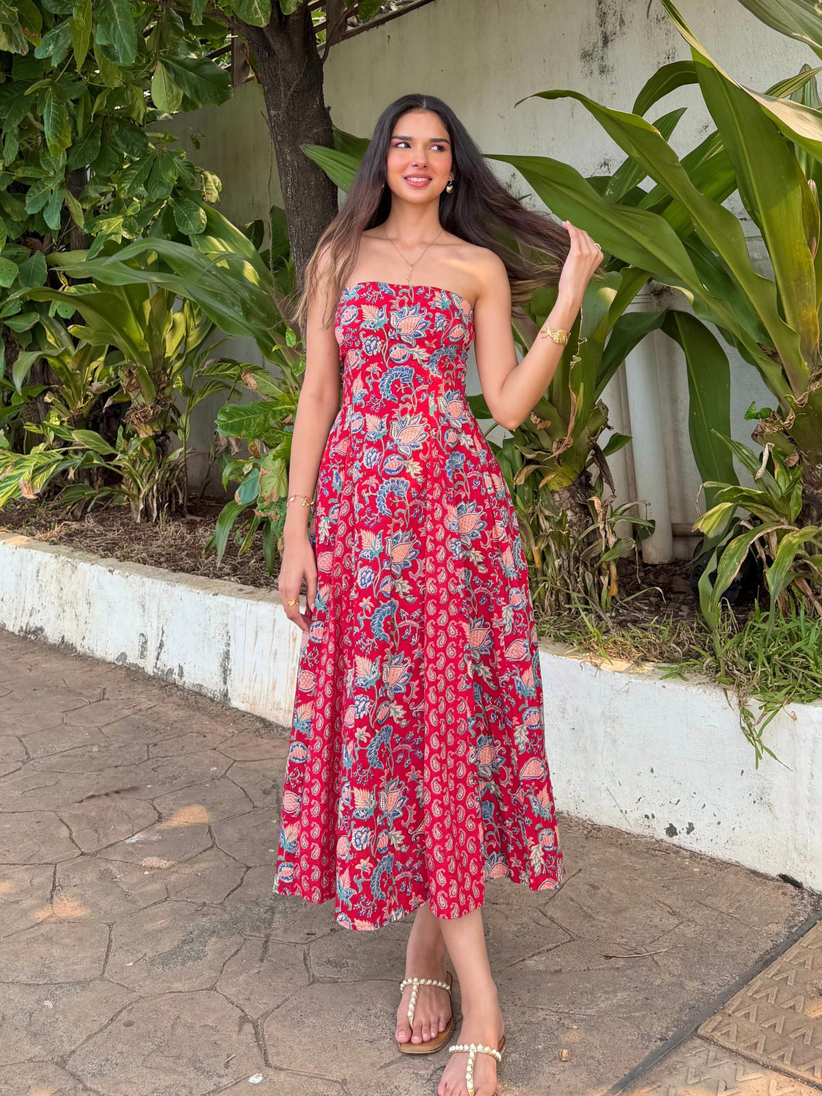 Red Paisley Floral Cotton Tube Midi Dress with Detachable Puff Sleeves