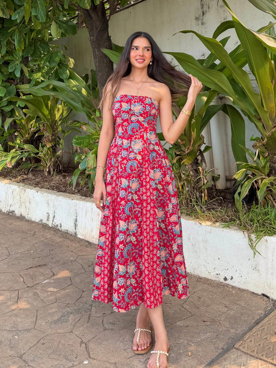Red Paisley Floral Cotton Tube Midi Dress with Detachable Puff Sleeves