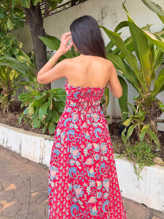 Red Paisley Floral Cotton Tube Midi Dress with Detachable Puff Sleeves