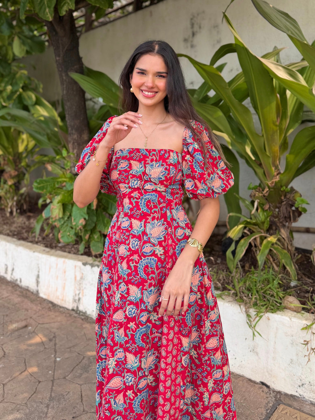 Red Paisley Floral Cotton Tube Midi Dress with Detachable Puff Sleeves