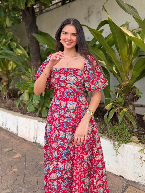 Red Paisley Floral Cotton Tube Midi Dress with Detachable Puff Sleeves