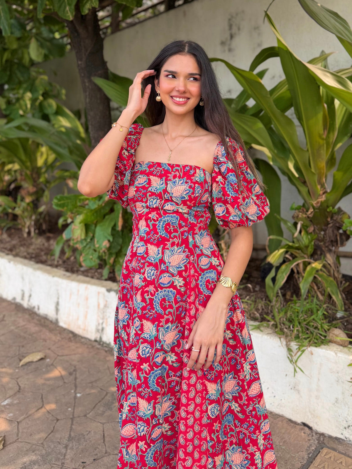 Red Paisley Floral Cotton Tube Midi Dress with Detachable Puff Sleeves
