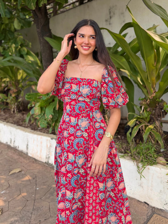 Red Paisley Floral Cotton Tube Midi Dress with Detachable Puff Sleeves