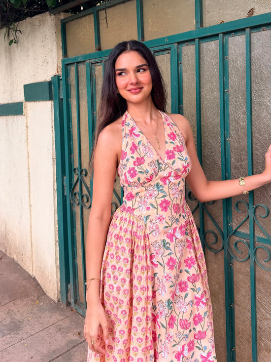 Peach & Pink Floral Cotton Halter Midi Dress with Back Lace-Up