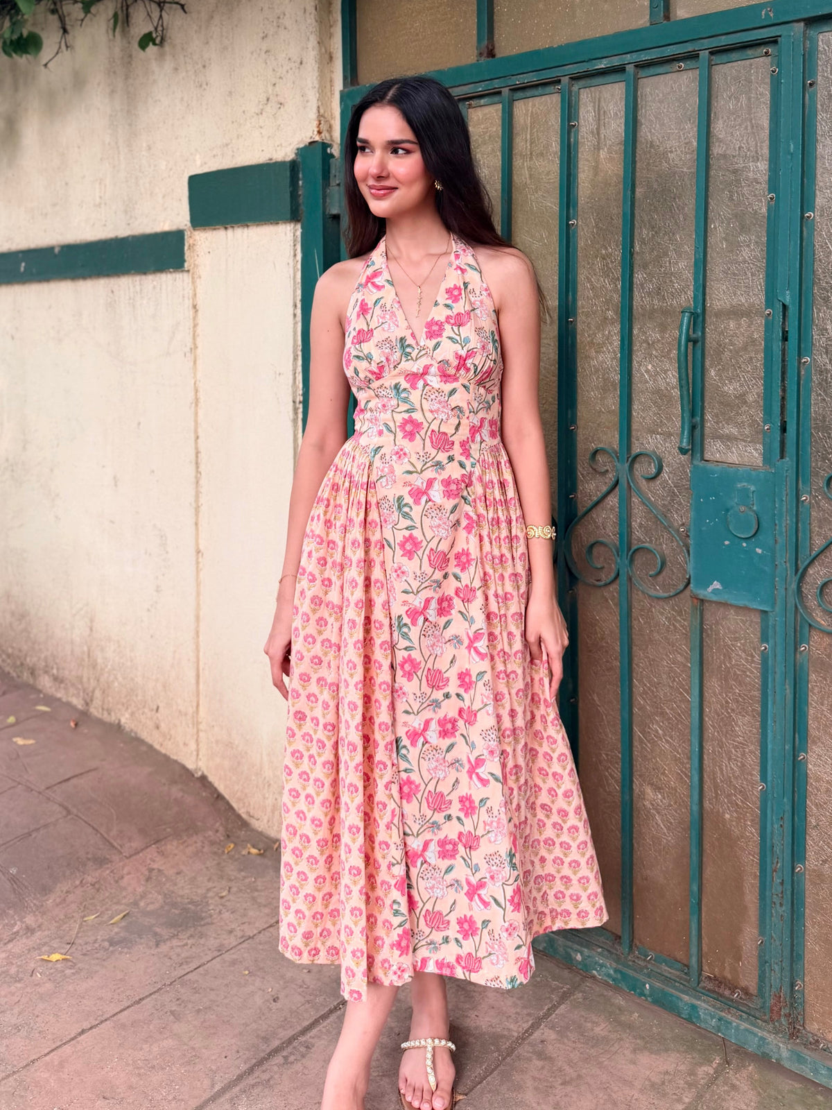 Peach & Pink Floral Cotton Halter Midi Dress with Back Lace-Up