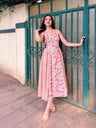 Peach & Pink Floral Cotton Halter Midi Dress with Back Lace-Up