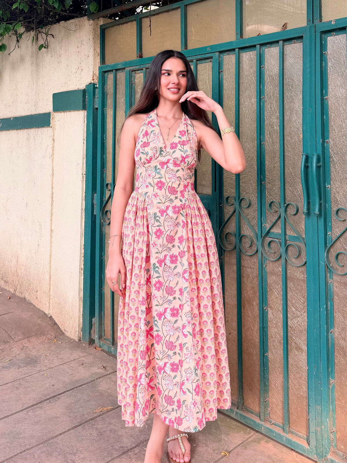 Peach & Pink Floral Cotton Halter Midi Dress with Back Lace-Up