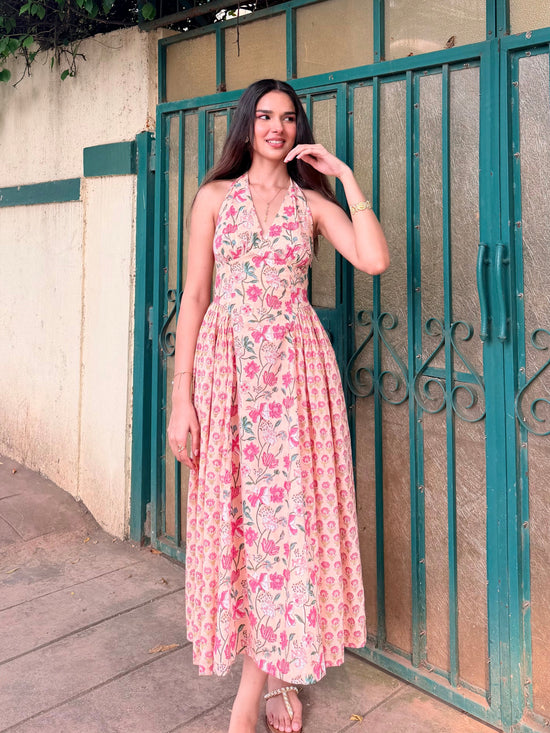 Peach & Pink Floral Cotton Halter Midi Dress with Back Lace-Up