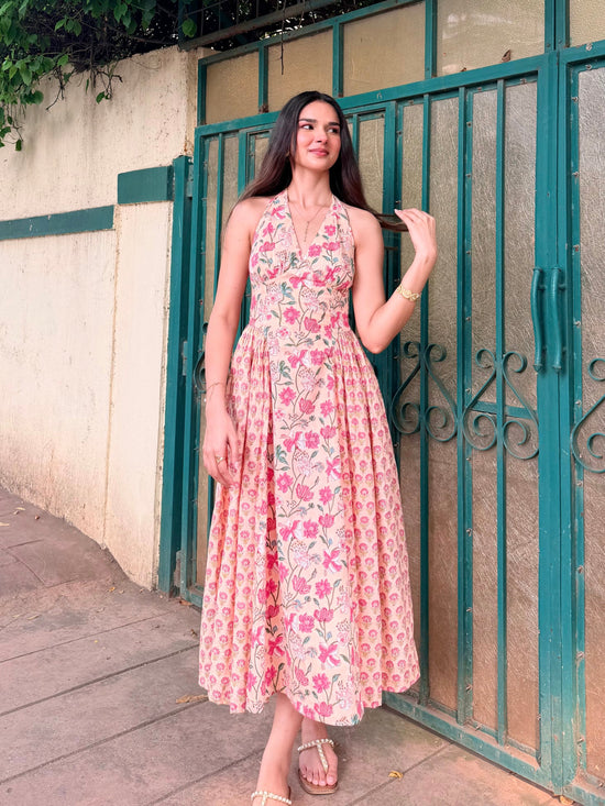 Peach & Pink Floral Cotton Halter Midi Dress with Back Lace-Up