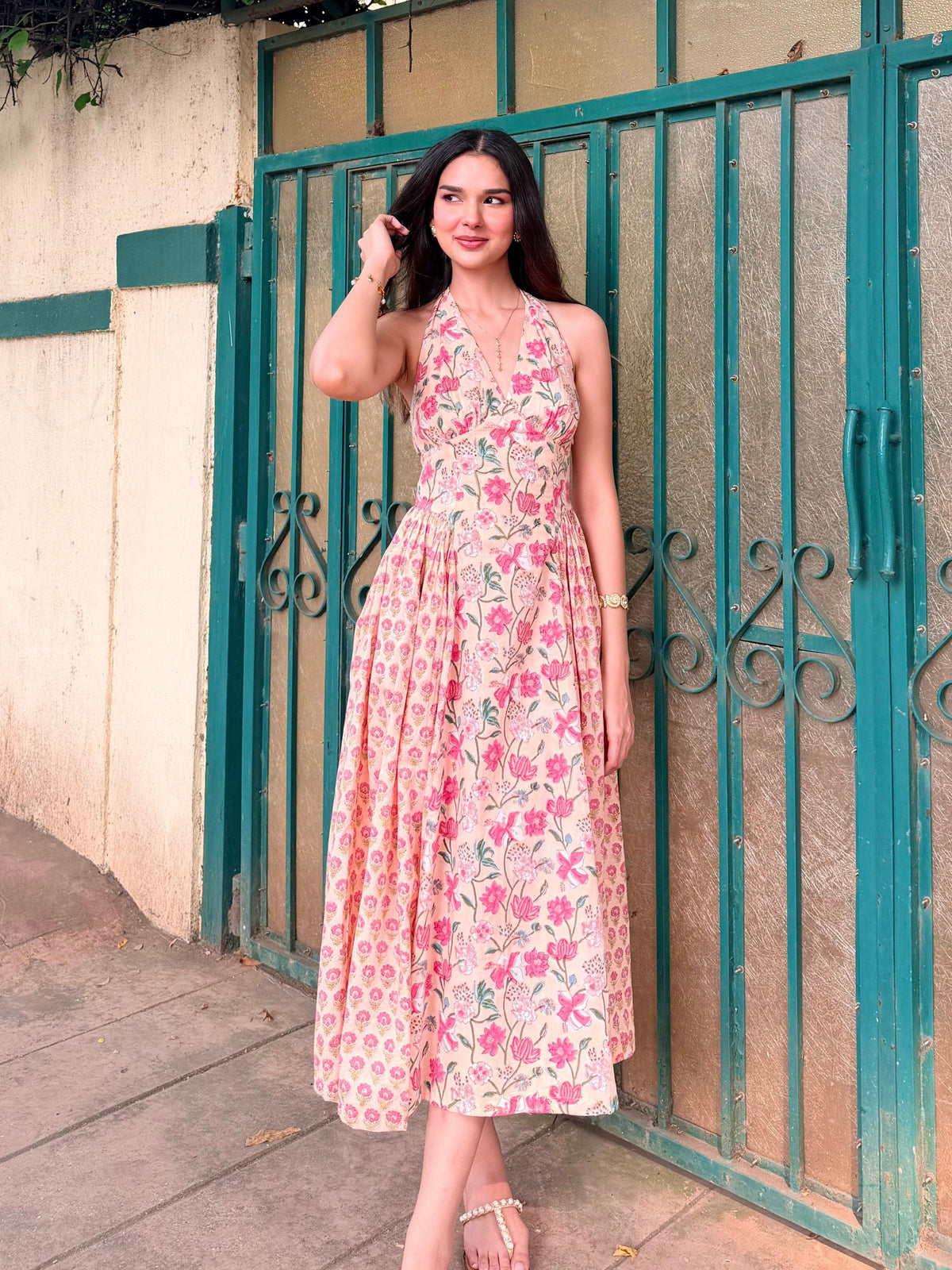 Peach & Pink Floral Cotton Halter Midi Dress with Back Lace-Up