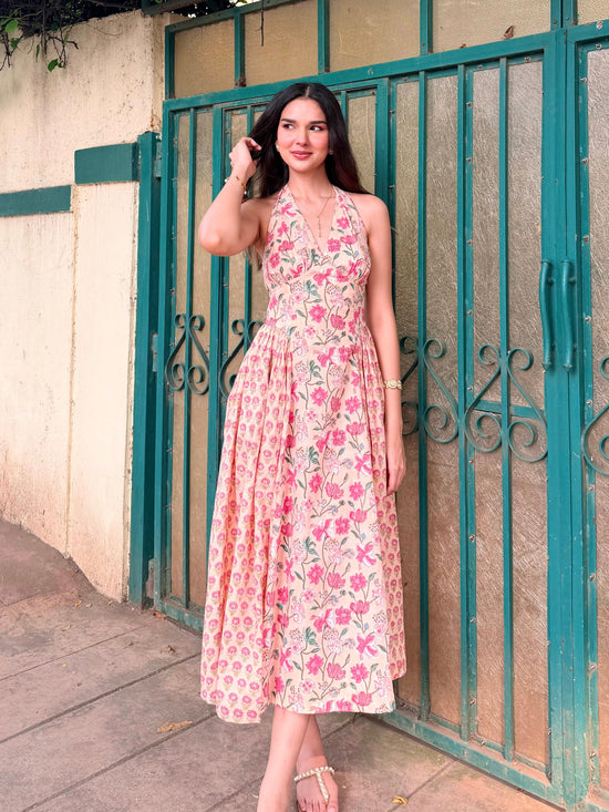 Peach & Pink Floral Cotton Halter Midi Dress with Back Lace-Up