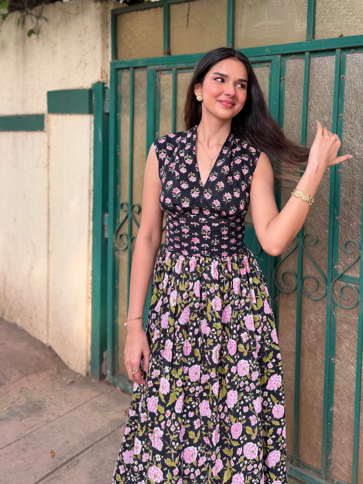 Black & Pink Floral Cotton Midi Dress with Open Back & Smocked Waist