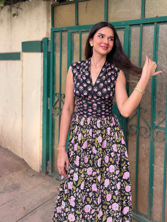 Black & Pink Floral Cotton Midi Dress with Open Back & Smocked Waist
