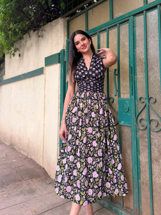 Black & Pink Floral Cotton Midi Dress with Open Back & Smocked Waist