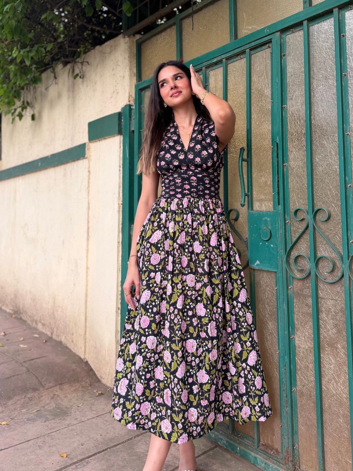 Black & Pink Floral Cotton Midi Dress with Open Back & Smocked Waist