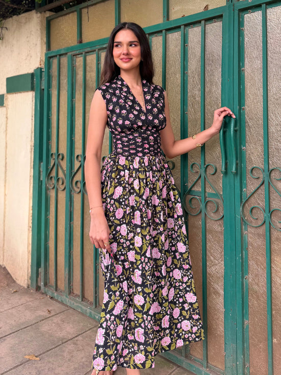 Black & Pink Floral Cotton Midi Dress with Open Back & Smocked Waist