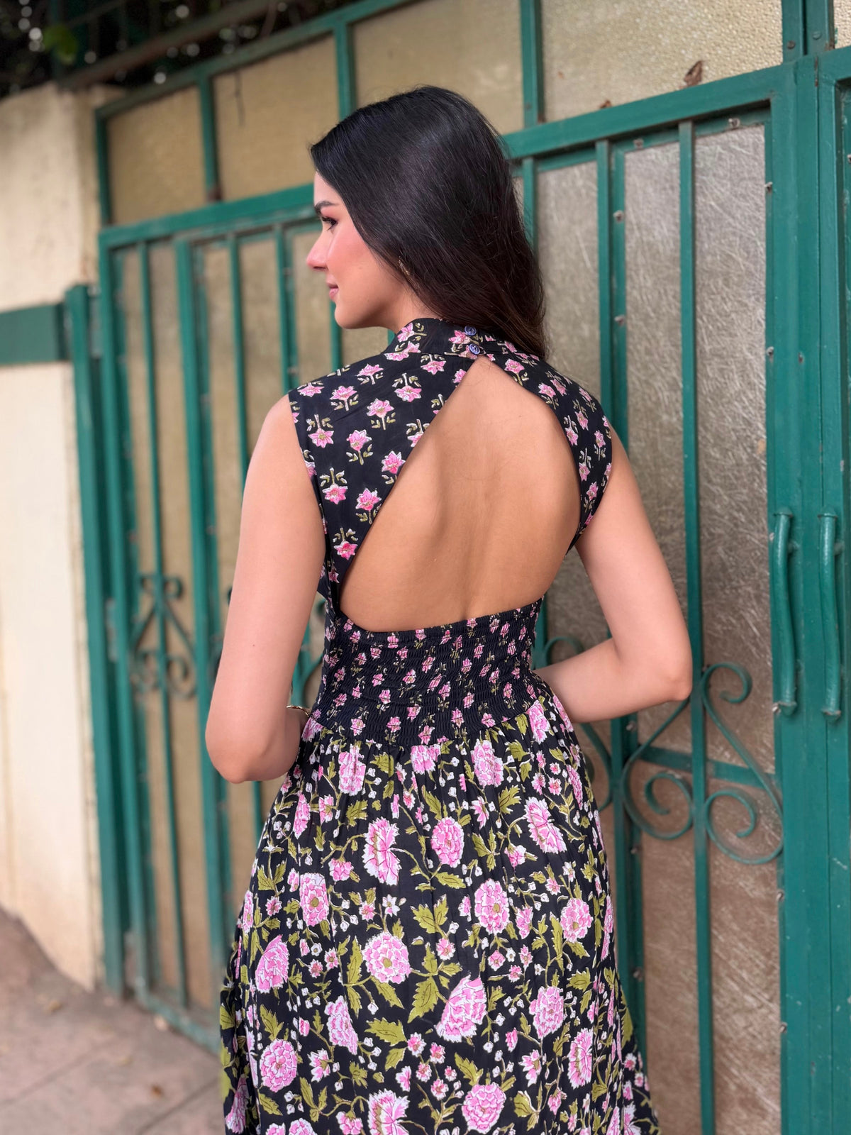 Black & Pink Floral Cotton Midi Dress with Open Back & Smocked Waist