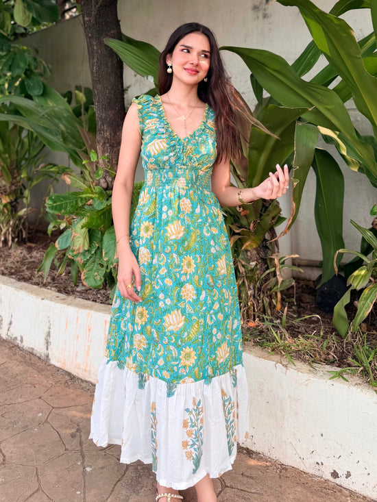 Turquoise & Yellow Floral Cotton Midi Dress with Smocked Waist & Contrast Hem