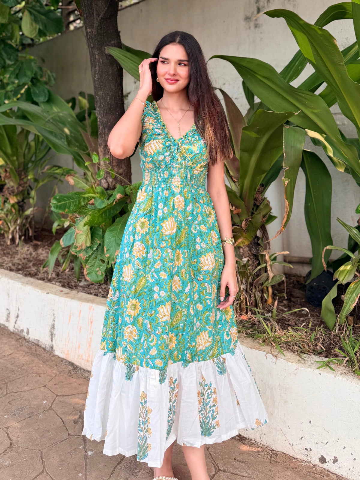 Turquoise & Yellow Floral Cotton Midi Dress with Smocked Waist & Contrast Hem
