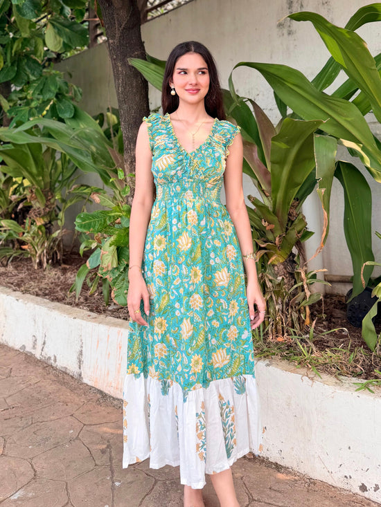Turquoise & Yellow Floral Cotton Midi Dress with Smocked Waist & Contrast Hem