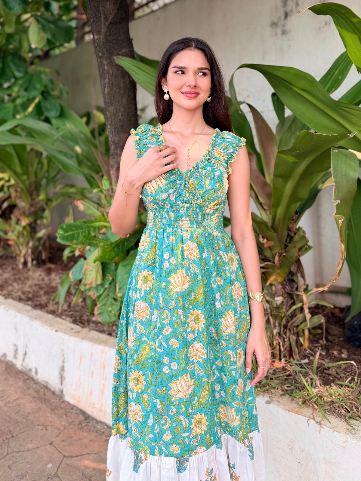 Turquoise & Yellow Floral Cotton Midi Dress with Smocked Waist & Contrast Hem