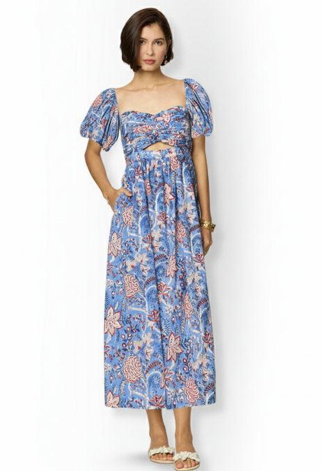 Blue and Red Floral Printed Maxi  Cotton Tube Dress with Pocket Beat the October Heat