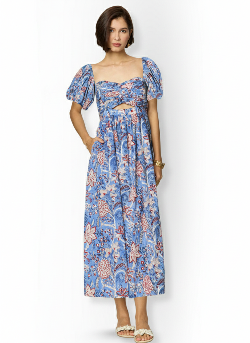 Blue and Red Floral Printed Maxi  Cotton Tube Dress with Pocket Beat the October Heat