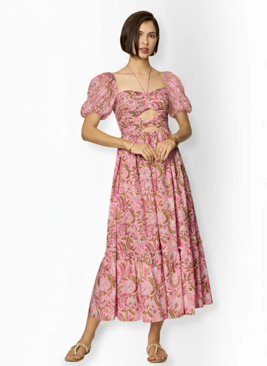 Pink and Green Floral Printed Maxi Dress with Front Cut-Outs Beat the October Heat