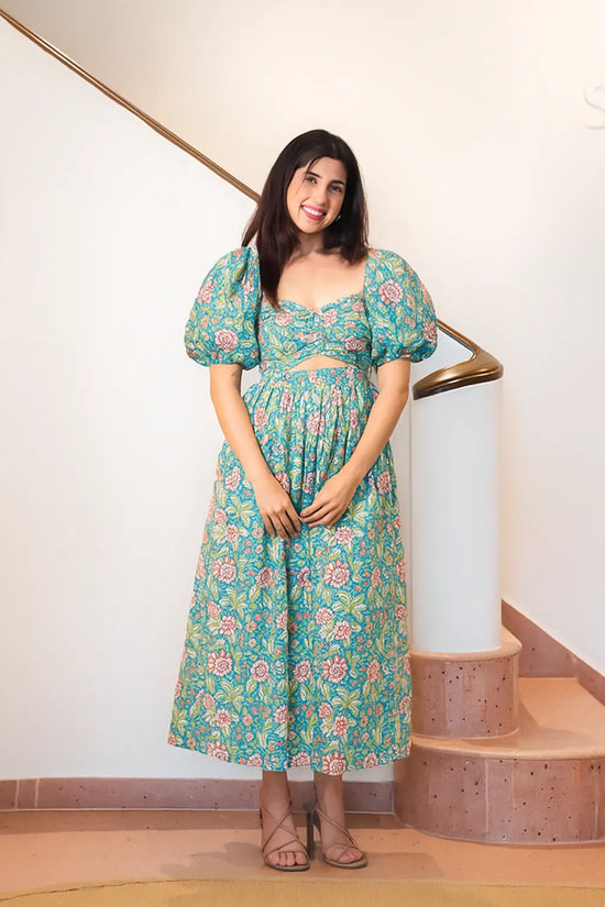 Green Tropical Floral Print Cotton Tube Maxi Dress with Pocket