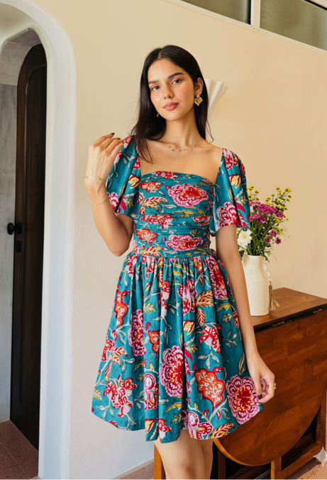 Dark Green Floral Print Tube Dress with One Side Pocket LF-Collection