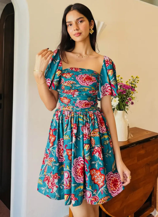 Dark Green Floral Print Tube Short Dress with One Side Pocket and Back Smocking LF-Collection