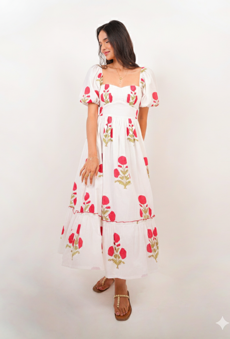 White & Red Floral Hand Block Printed Tube Dress Spring Summer - 25