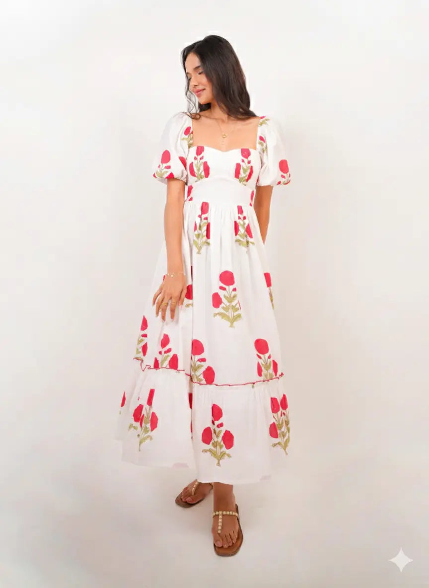 White & Red Floral Hand Block Printed Tube Maxi Dress Spring Summer - 25